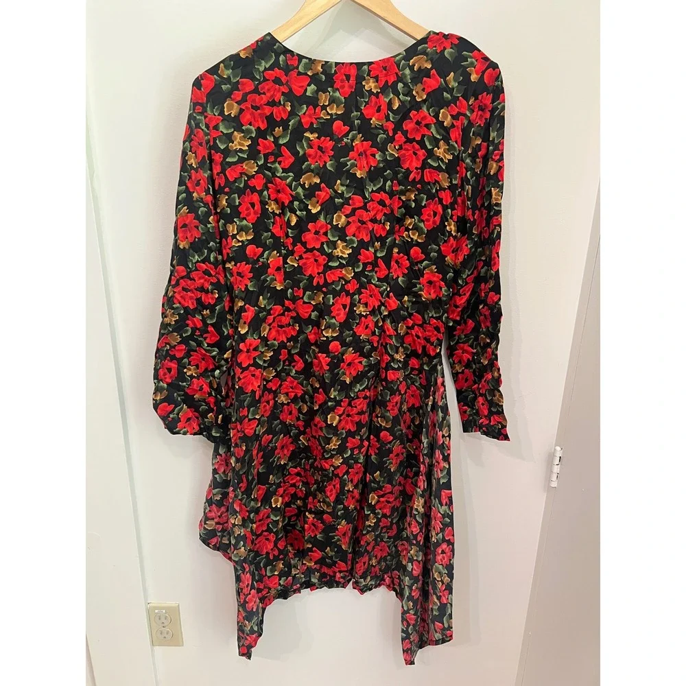 Mary Jo Bruno Vintage 90s Silk Floral Tomato Red Handkerchief Hem Dress 6